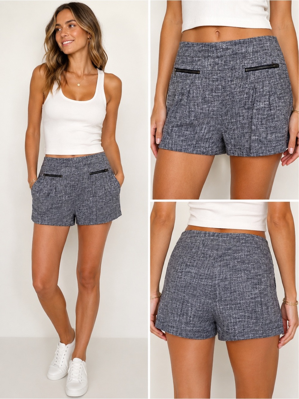 LOFT Heathered Navy White Textured Linen Blend 3” Shorts Size 12